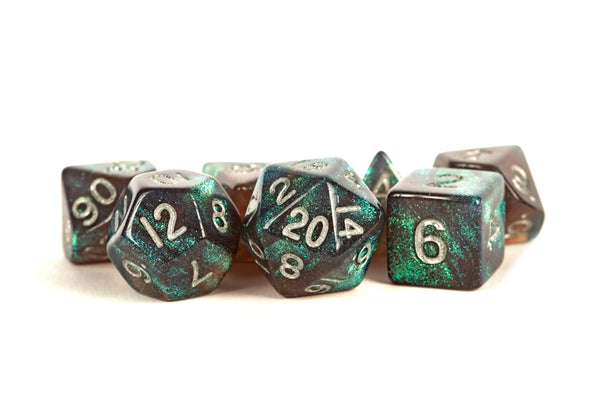 Grey Stardust Resin Dice with Silver Numbers 16mm 7-Dice Set