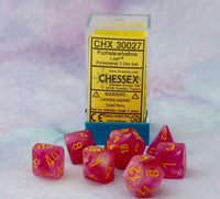 Fuschia Leaf Dice with Yellow Numbers 16mm (5/8in) Set of 7 Chessex