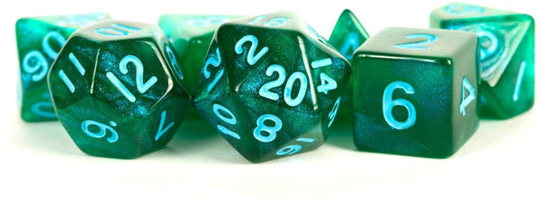 Green Stardust Resin Dice with Blue Numbers 16mm 7-Dice Set