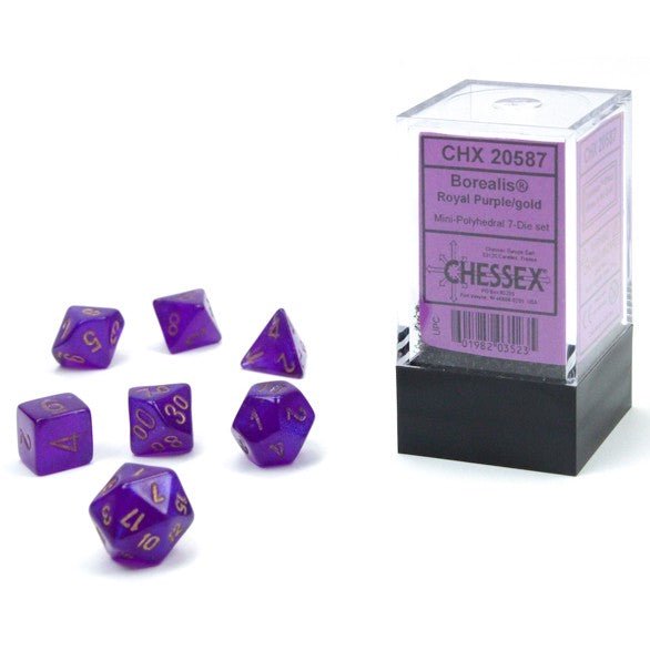 Borealis: Mini-Polyhedral Royal Purple/gold Luminary 7-Die Set