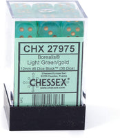 Chessex Borealis 12mm d6 Light Green/Gold Luminary Dice Block (36 dice) (27975)