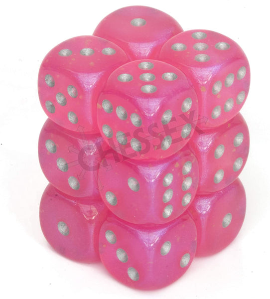 Chessex Borealis 16mm d6 Pink/Silver Luminary Dice Block (12 dice) (27784)